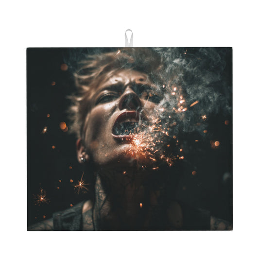 Dark Fire Portrait Kitchen Drying Mat – 16×18in Absorbent & Non-Slip Counter Protector