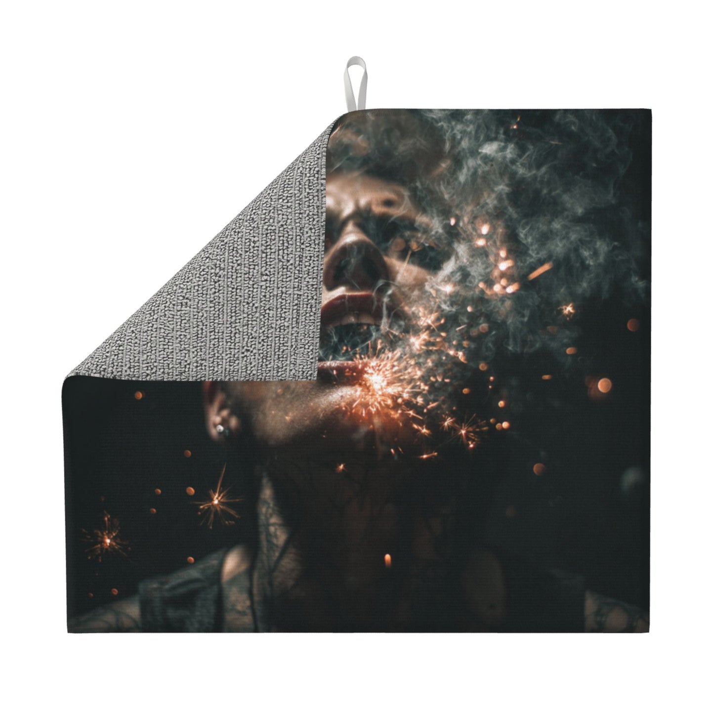 Dark Fire Portrait Kitchen Drying Mat – 16×18in Absorbent & Non-Slip Counter Protector