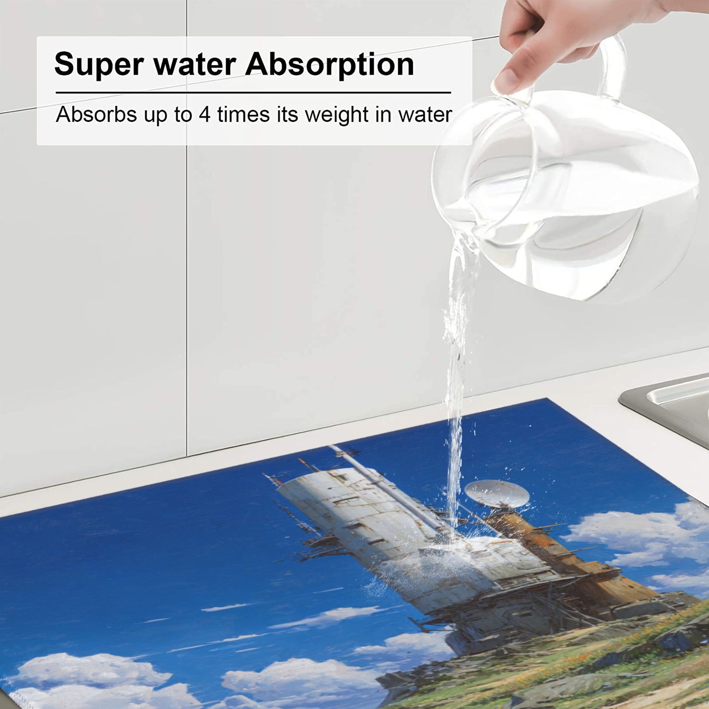 Sky Tower Kitchen Drying Mat – 18x16in Artistic Absorbent Microfiber Dish Mat with Anti-Slip Backing