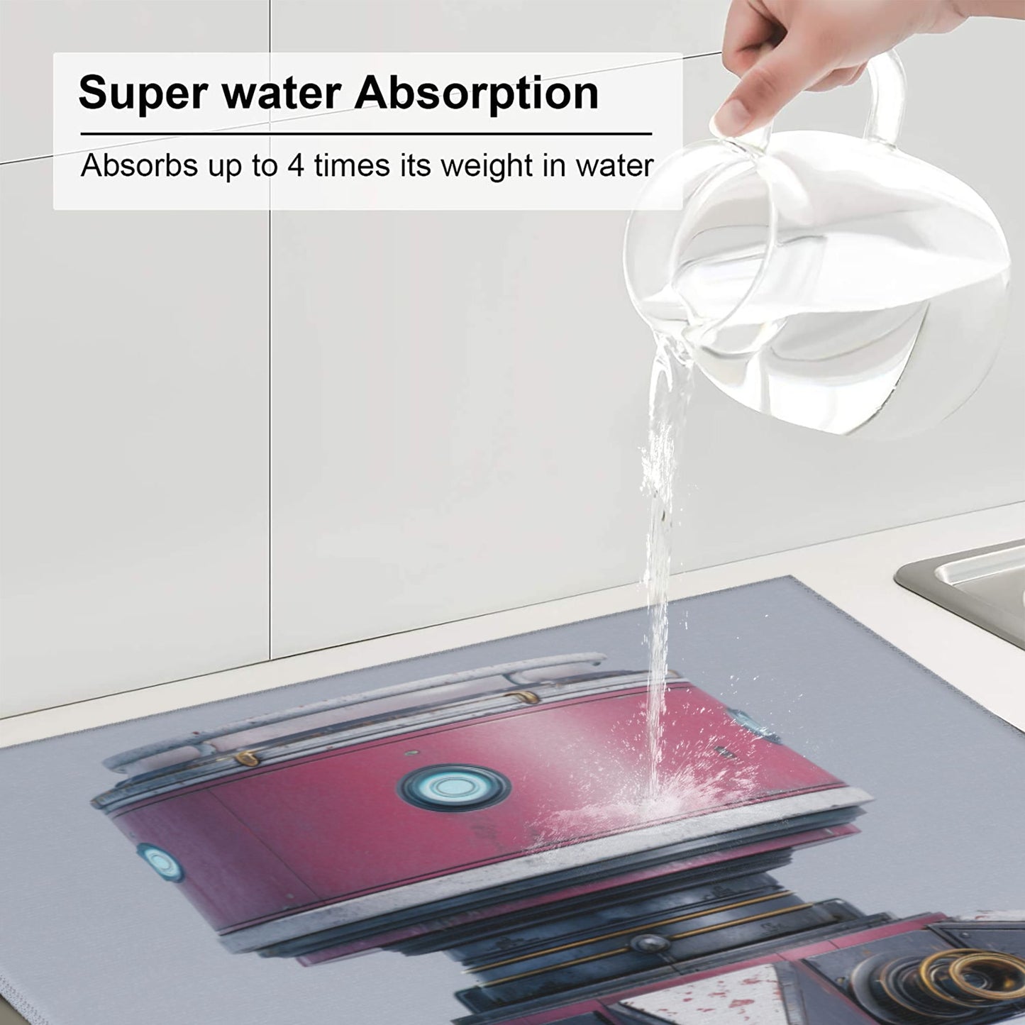 Pink Robot Kitchen Drying Mat – 18x16in Cute Futuristic Absorbent Counter Mat with Non-Slip Base