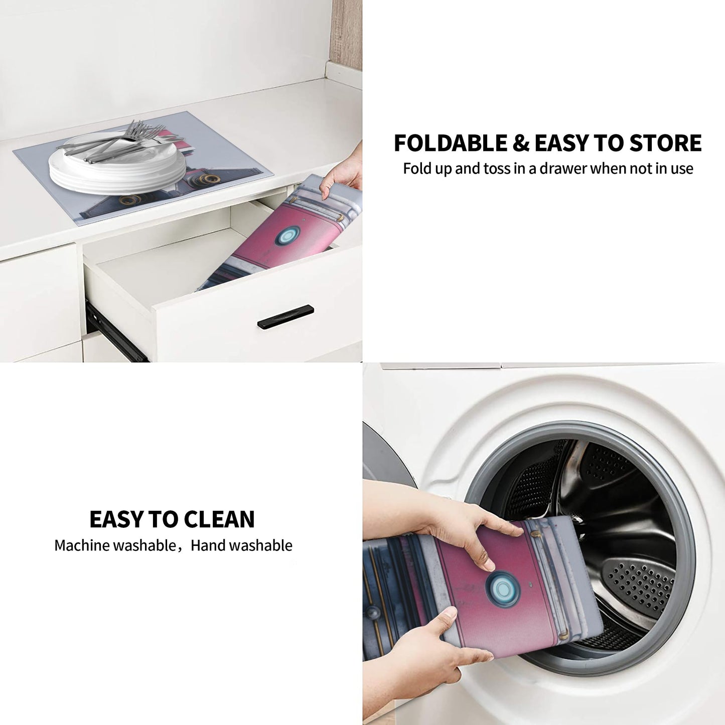 Pink Robot Kitchen Drying Mat – 18x16in Cute Futuristic Absorbent Counter Mat with Non-Slip Base