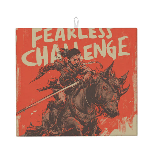 Fearless Warrior Kitchen Drying Mat – 18x16in Bold Red Horseback Art Print Dish Mat with Non-Slip Back