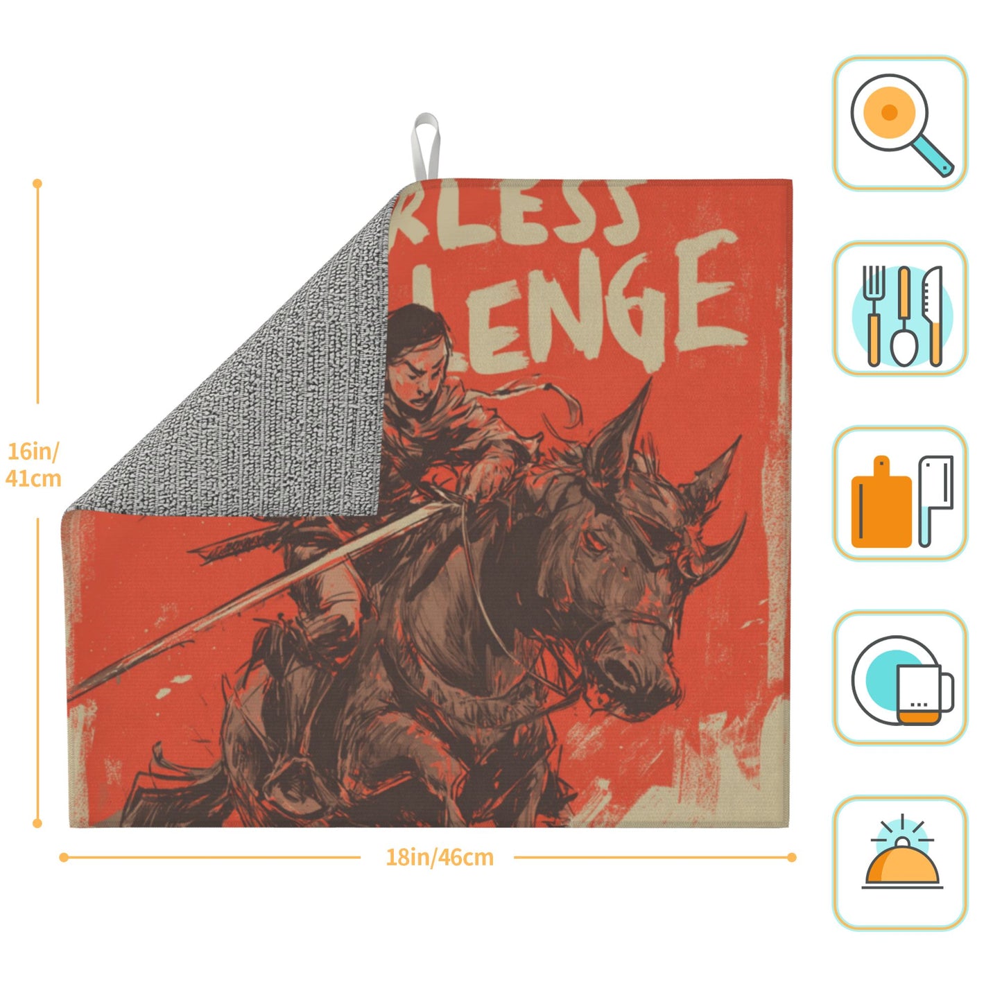 Fearless Warrior Kitchen Drying Mat – 18x16in Bold Red Horseback Art Print Dish Mat with Non-Slip Back