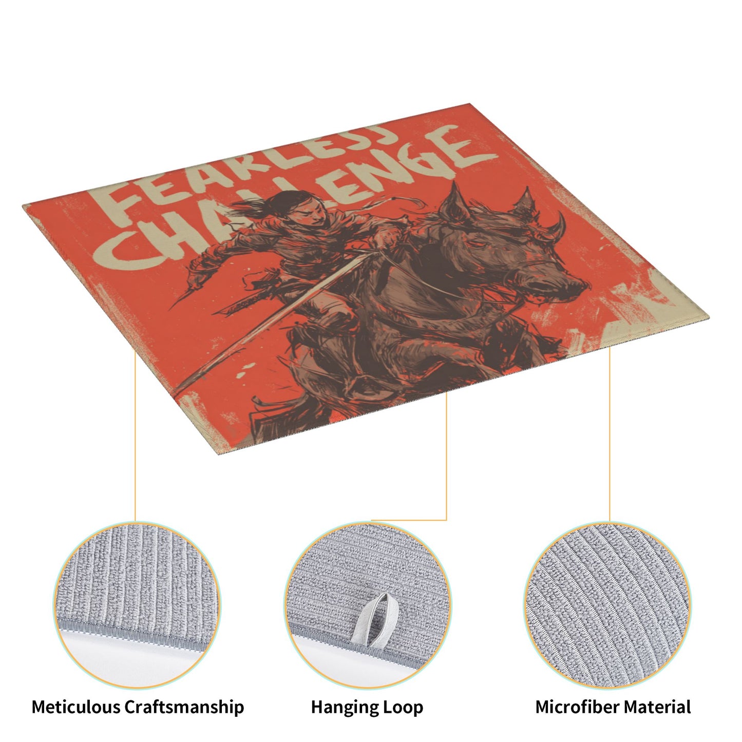 Fearless Warrior Kitchen Drying Mat – 18x16in Bold Red Horseback Art Print Dish Mat with Non-Slip Back