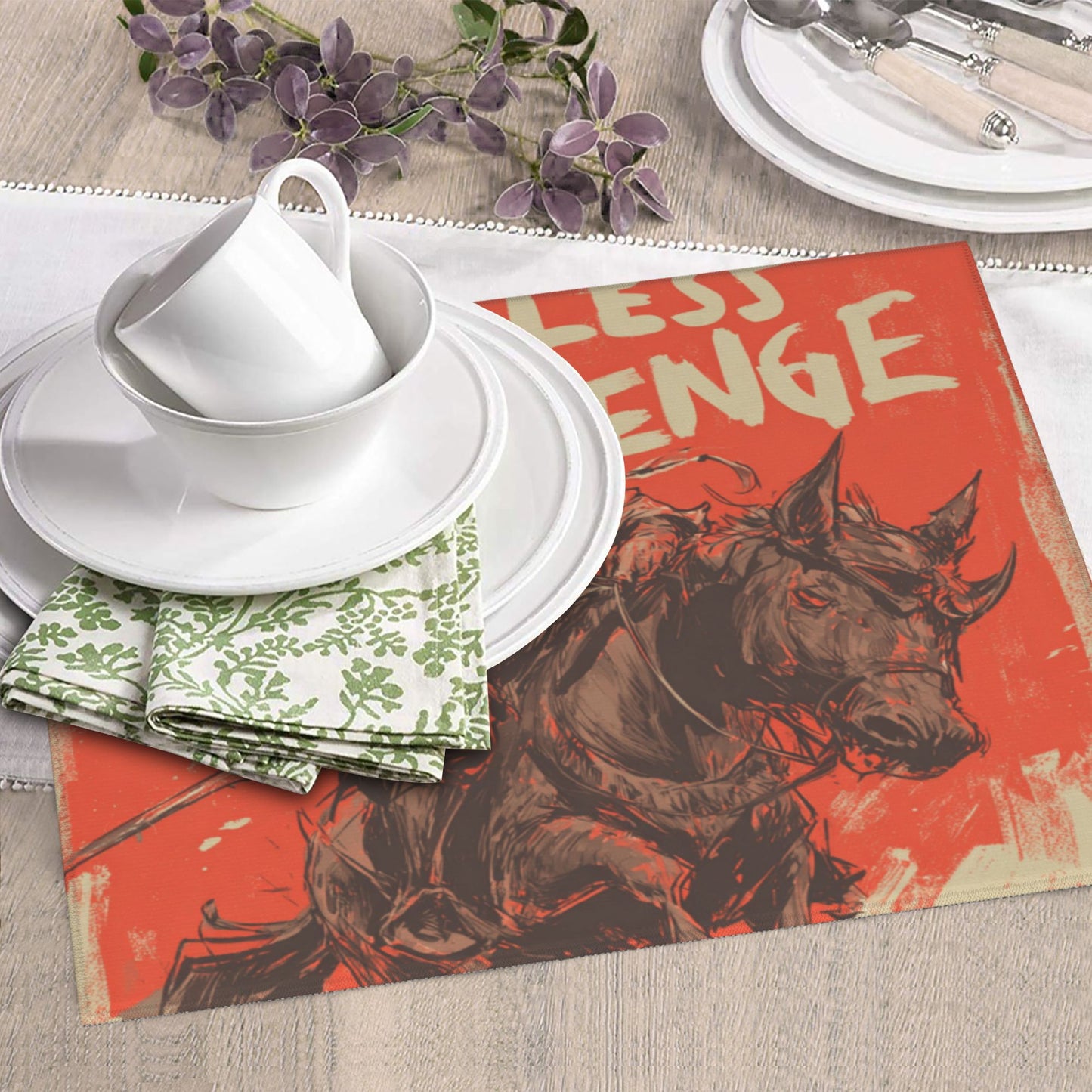 Fearless Warrior Kitchen Drying Mat – 18x16in Bold Red Horseback Art Print Dish Mat with Non-Slip Back