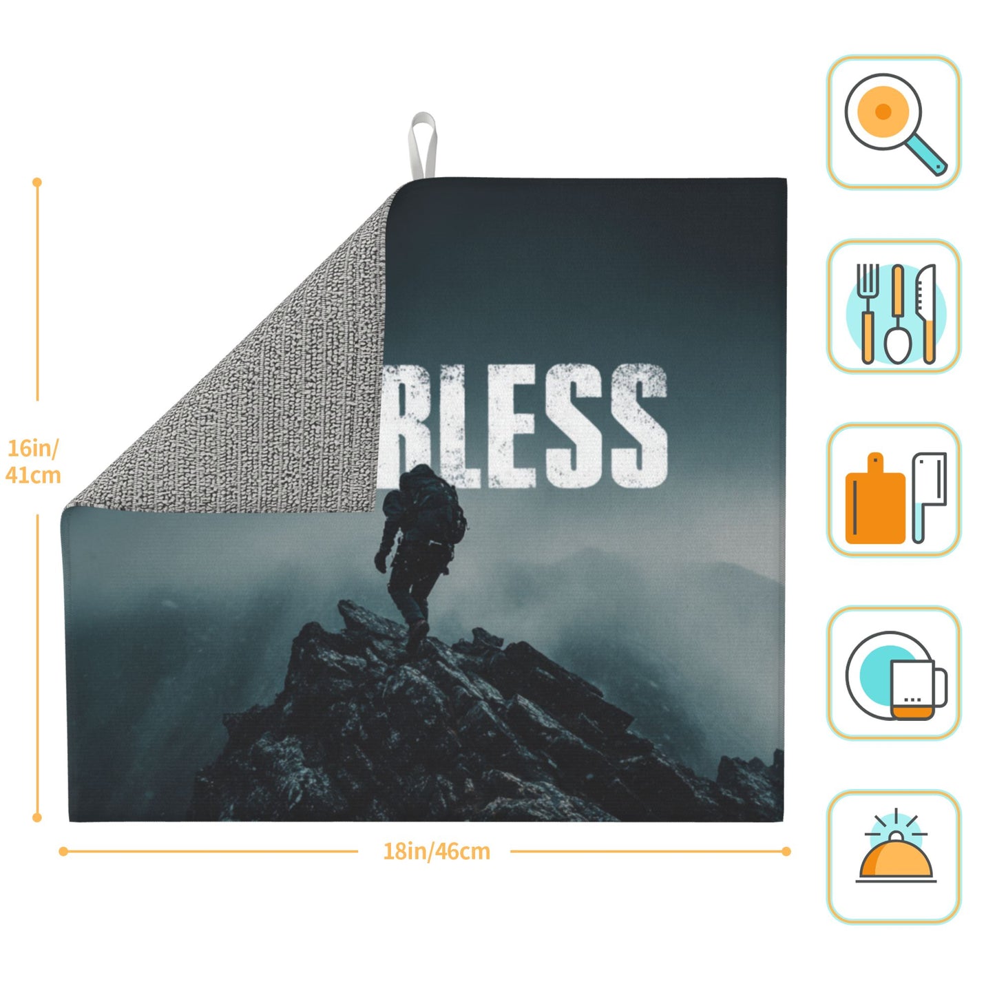 Fearless Climber Kitchen Drying Mat – 18x16in Non-Slip Absorbent Dish Mat with Bold Mountain Hiker Graphic