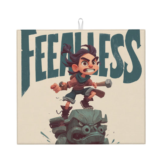 Fearless Boy Cartoon Kitchen Drying Mat – 18x16in Non-Slip Absorbent Dish Mat with Motivational Graphic
