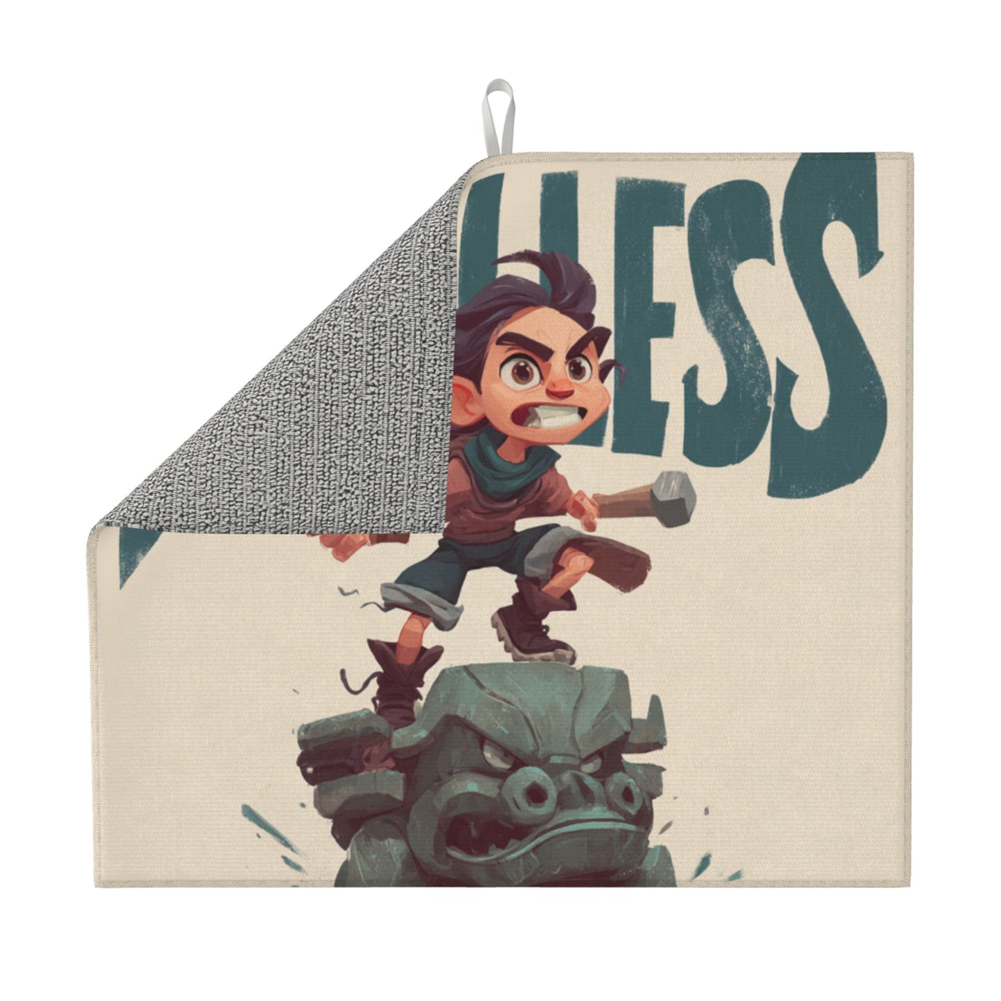 Fearless Boy Cartoon Kitchen Drying Mat – 18x16in Non-Slip Absorbent Dish Mat with Motivational Graphic