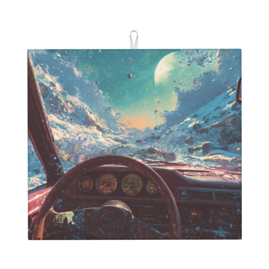 Futuristic Car Interior Galaxy View Kitchen Drying Mat – 18x16in Absorbent Non-Slip Dish Mat with Sci-Fi Art