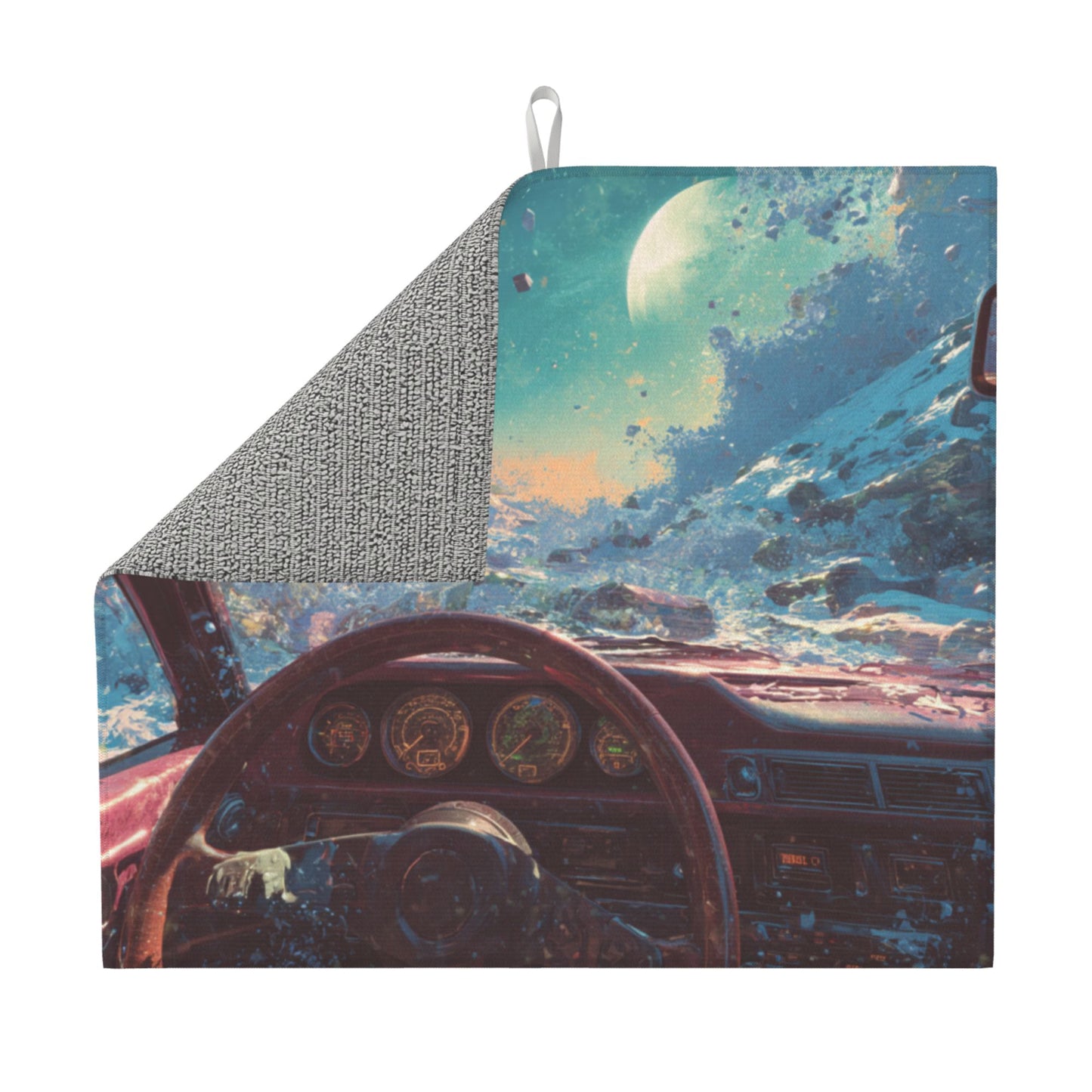Futuristic Car Interior Galaxy View Kitchen Drying Mat – 18x16in Absorbent Non-Slip Dish Mat with Sci-Fi Art