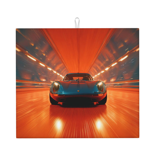 High-Speed Tunnel Car Kitchen Drying Mat – 18x16in Absorbent Non-Slip Dish Mat with Retro Sports Car Design