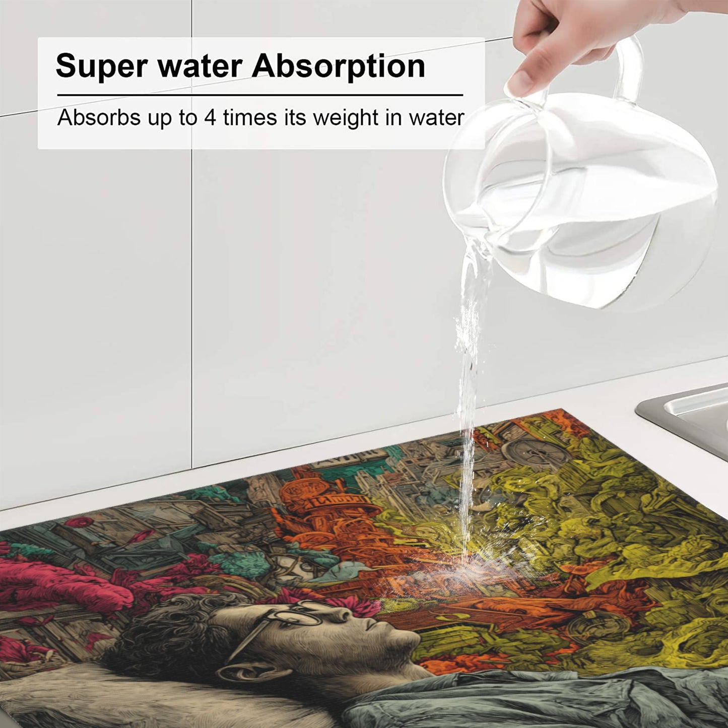 Dream City Illustration Kitchen Drying Mat – 16×18in Absorbent & Non-Slip Artistic Counter Mat