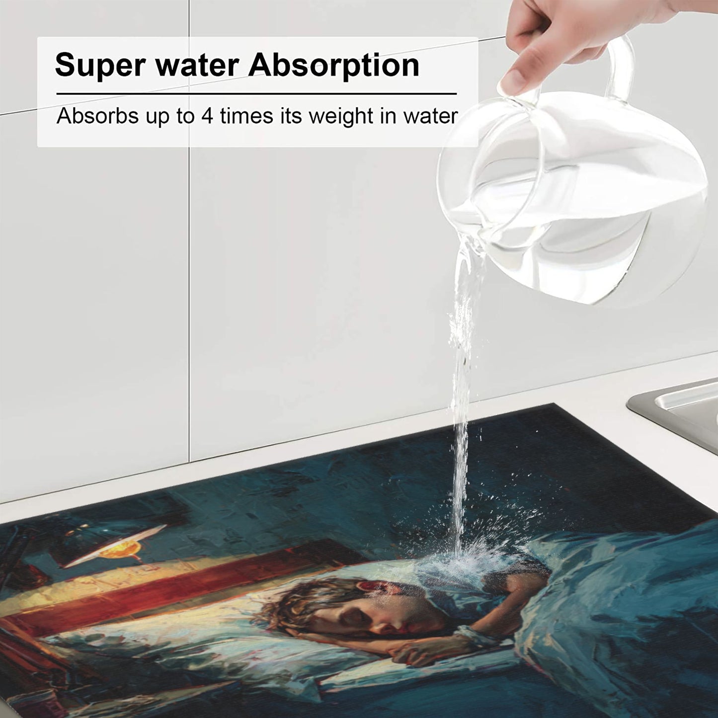 Sleeping Boy Oil Painting Kitchen Drying Mat – 16×18in Absorbent & Non-Slip Counter Mat