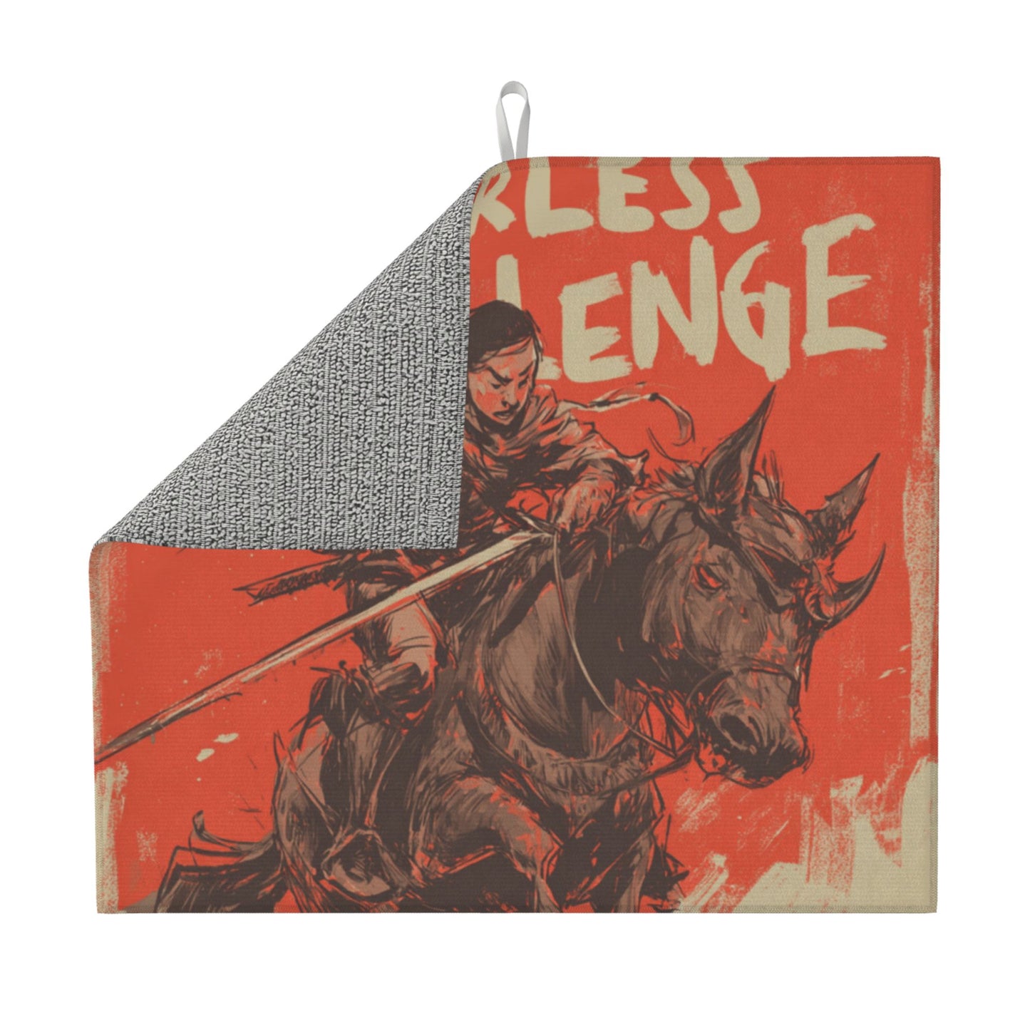Fearless Warrior Kitchen Drying Mat – 18x16in Bold Red Horseback Art Print Dish Mat with Non-Slip Back