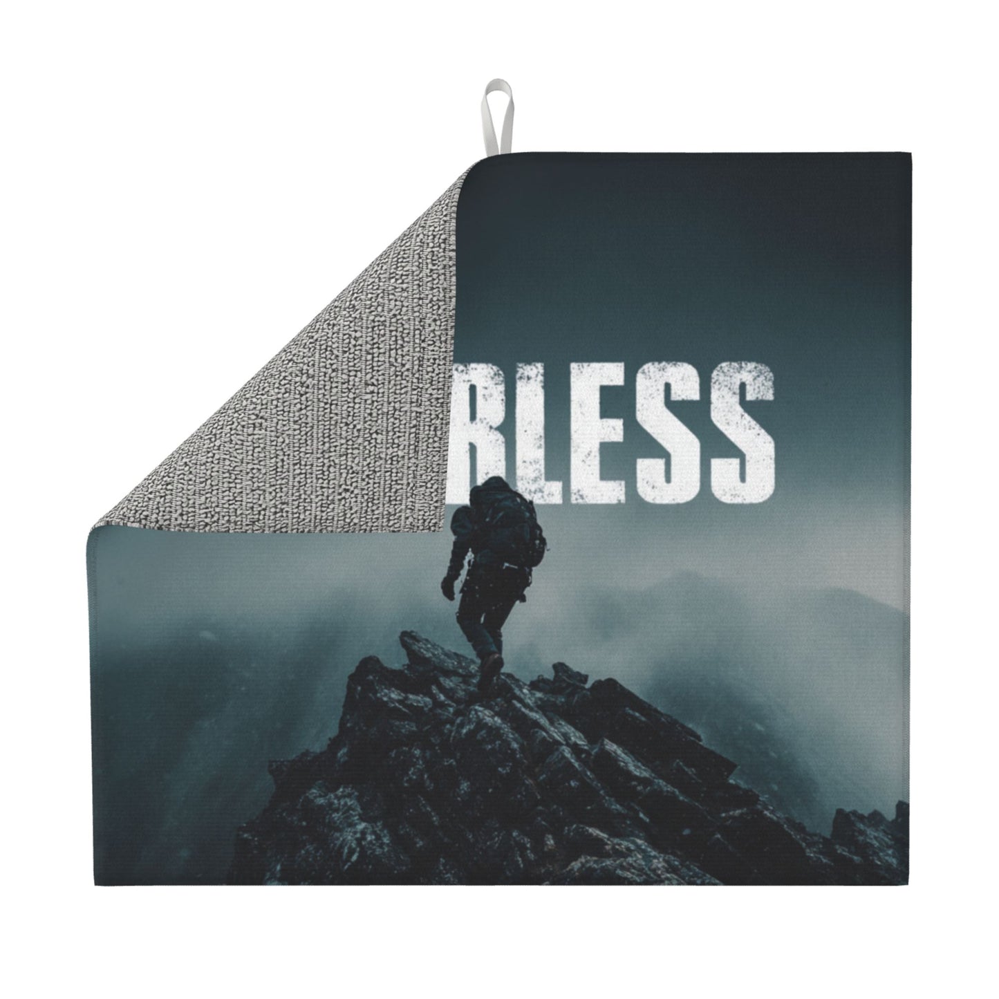 Fearless Climber Kitchen Drying Mat – 18x16in Non-Slip Absorbent Dish Mat with Bold Mountain Hiker Graphic