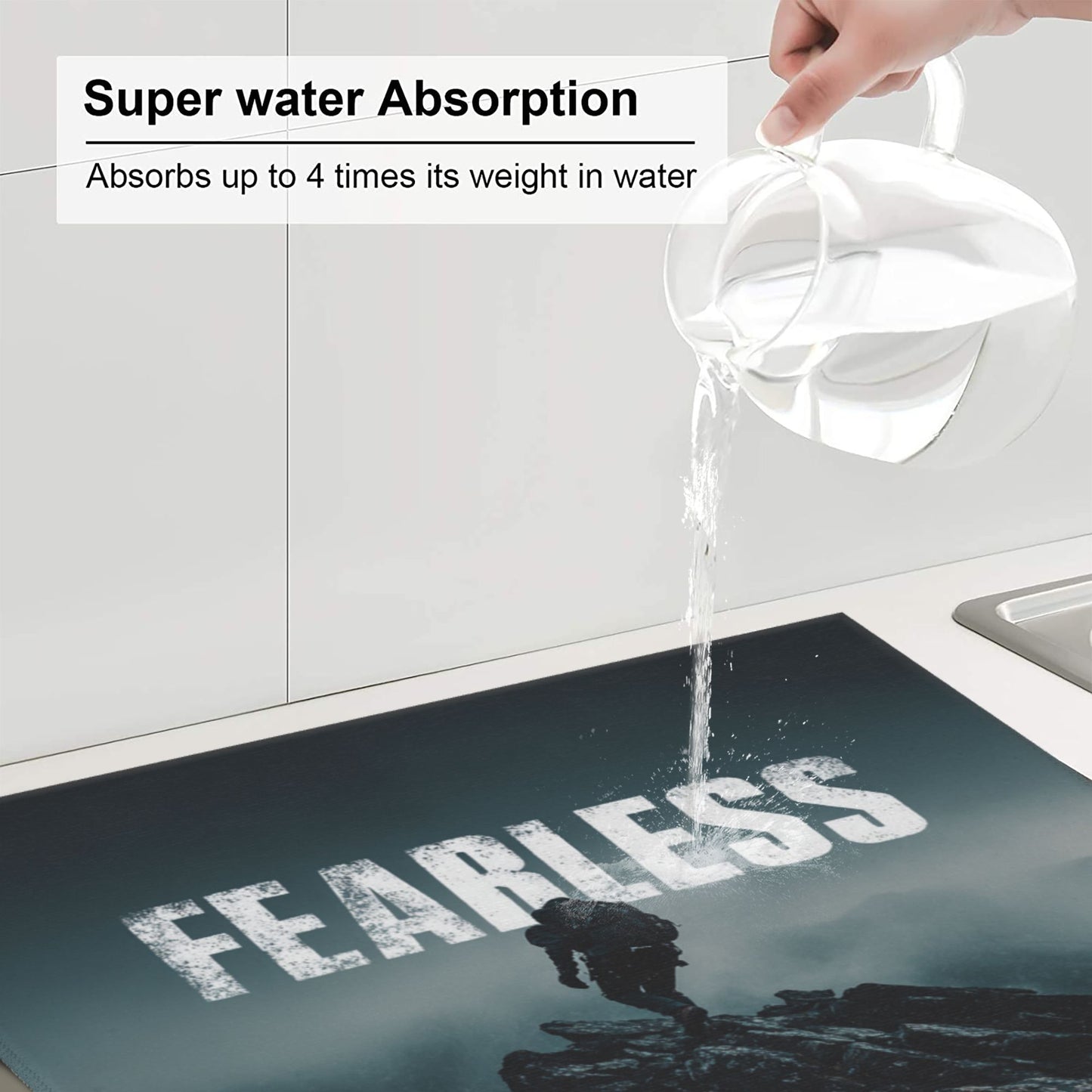 Fearless Climber Kitchen Drying Mat – 18x16in Non-Slip Absorbent Dish Mat with Bold Mountain Hiker Graphic