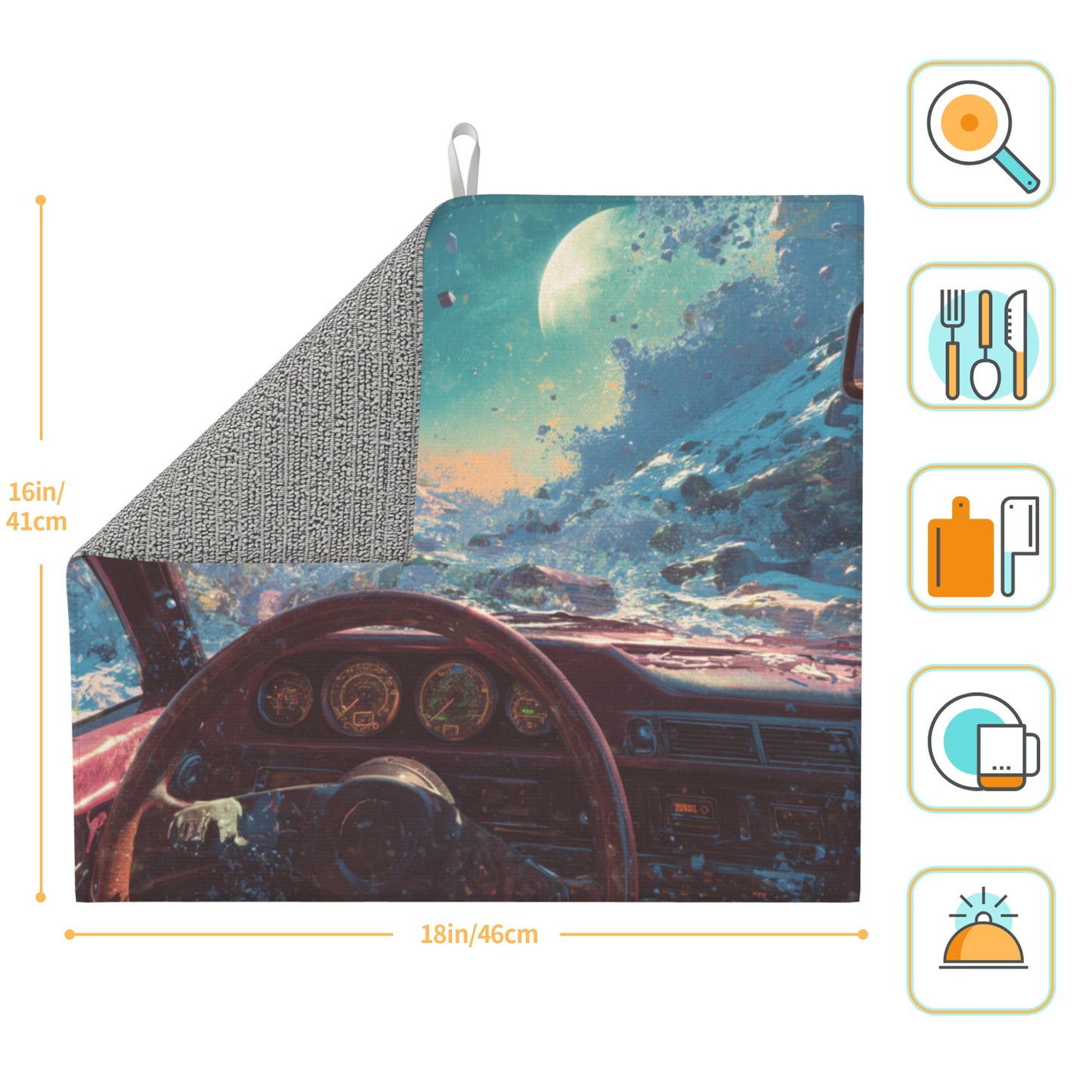 Futuristic Car Interior Galaxy View Kitchen Drying Mat – 18x16in Absorbent Non-Slip Dish Mat with Sci-Fi Art