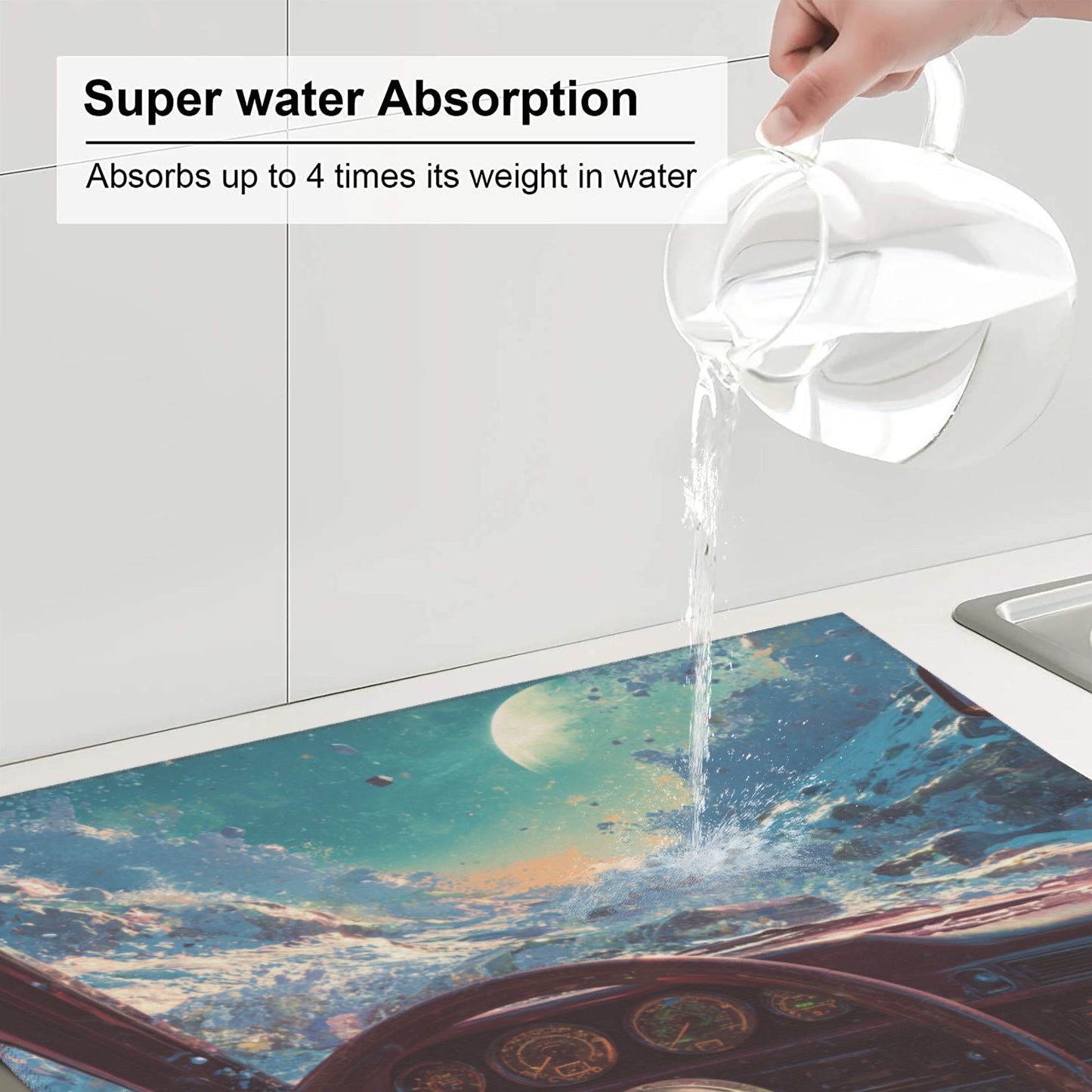 Futuristic Car Interior Galaxy View Kitchen Drying Mat – 18x16in Absorbent Non-Slip Dish Mat with Sci-Fi Art