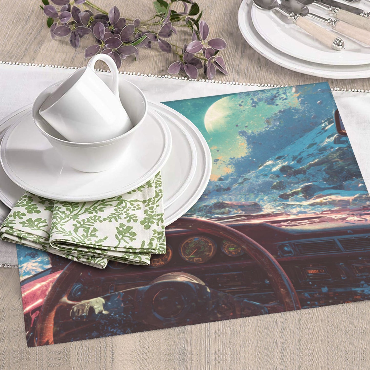 Futuristic Car Interior Galaxy View Kitchen Drying Mat – 18x16in Absorbent Non-Slip Dish Mat with Sci-Fi Art