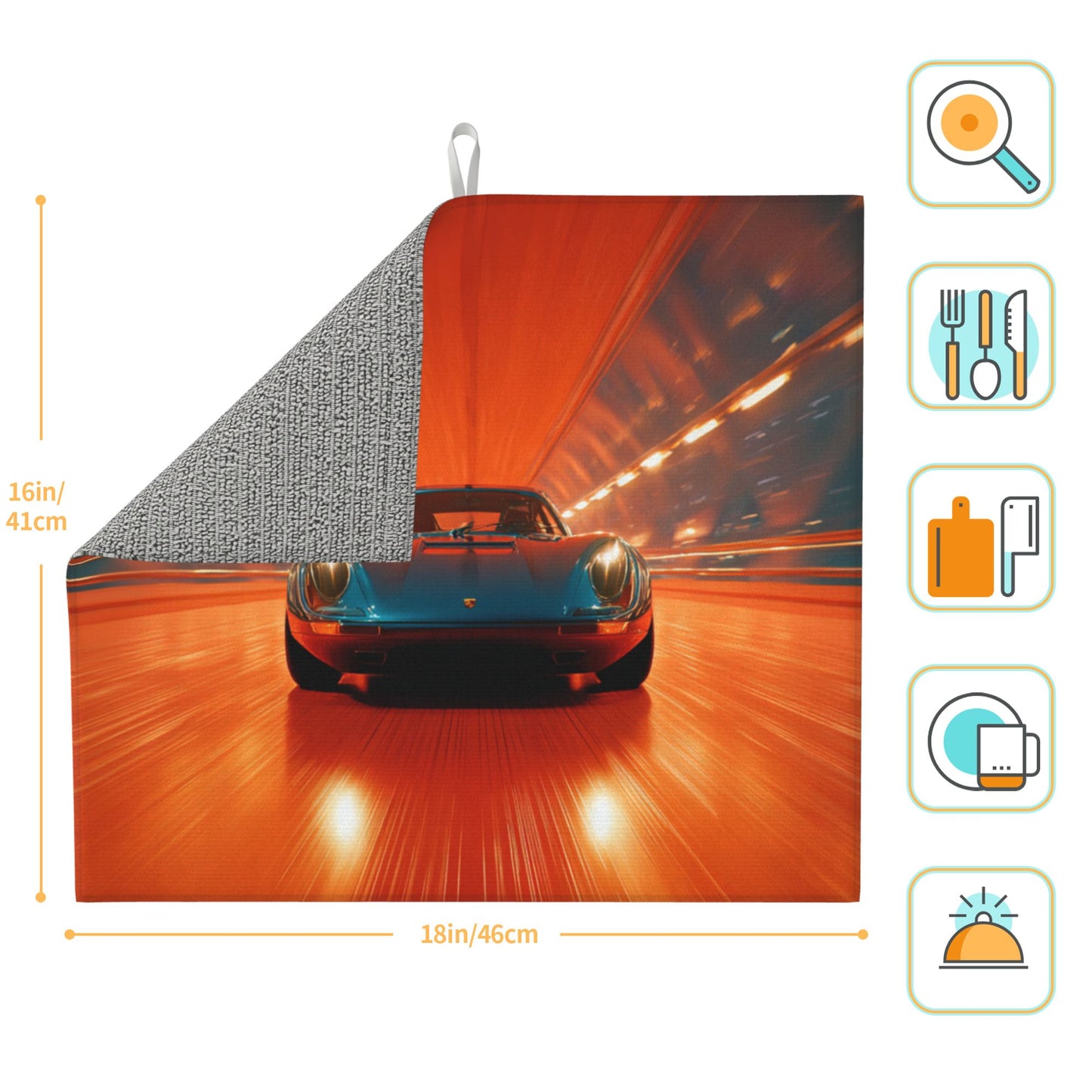 High-Speed Tunnel Car Kitchen Drying Mat – 18x16in Absorbent Non-Slip Dish Mat with Retro Sports Car Design