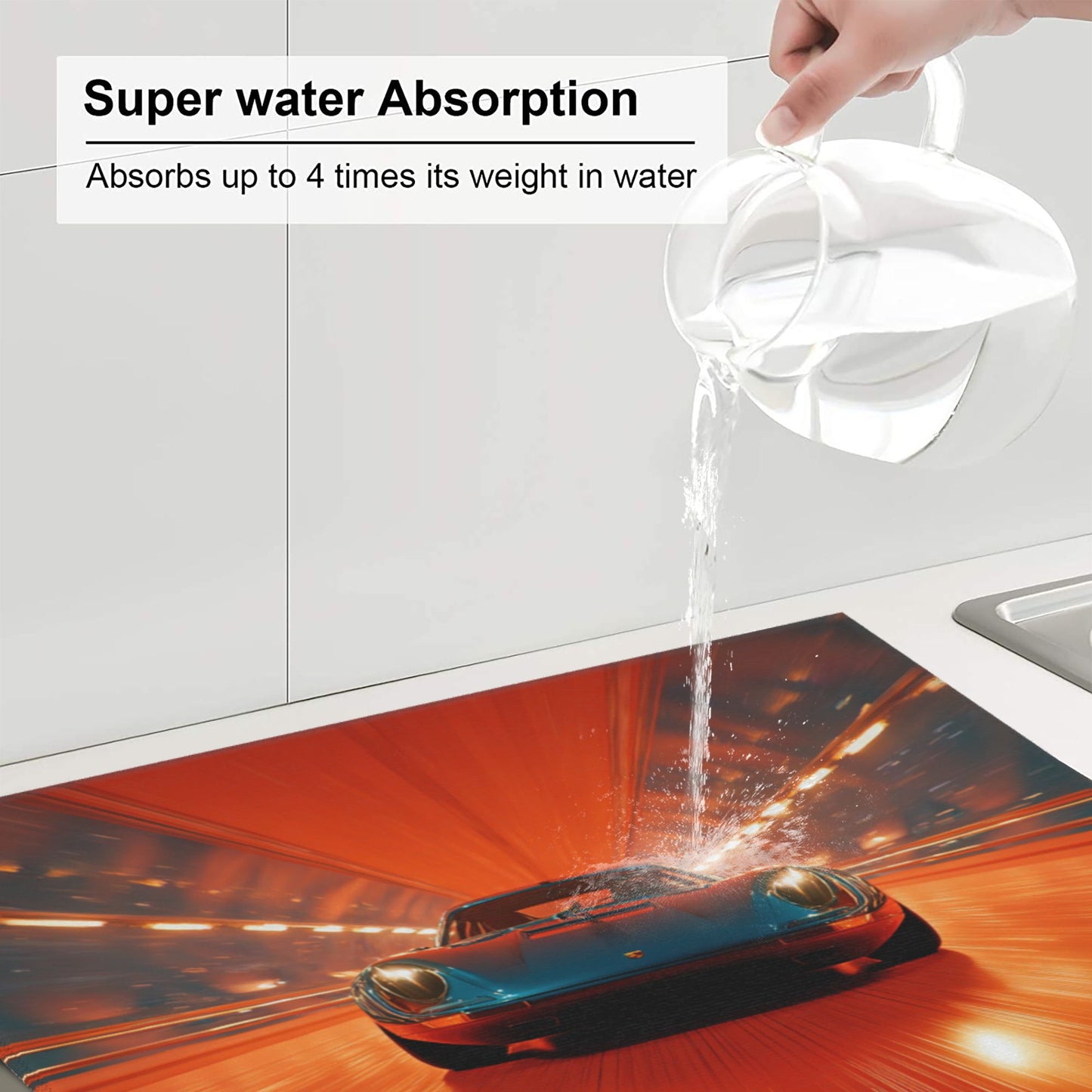High-Speed Tunnel Car Kitchen Drying Mat – 18x16in Absorbent Non-Slip Dish Mat with Retro Sports Car Design
