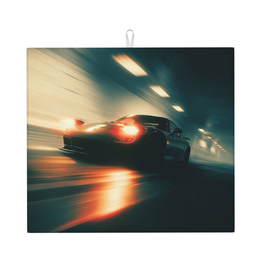 Night Racer Kitchen Drying Mat – 18x16in Absorbent Non-Slip Counter Mat with Tunnel Speed Car Design