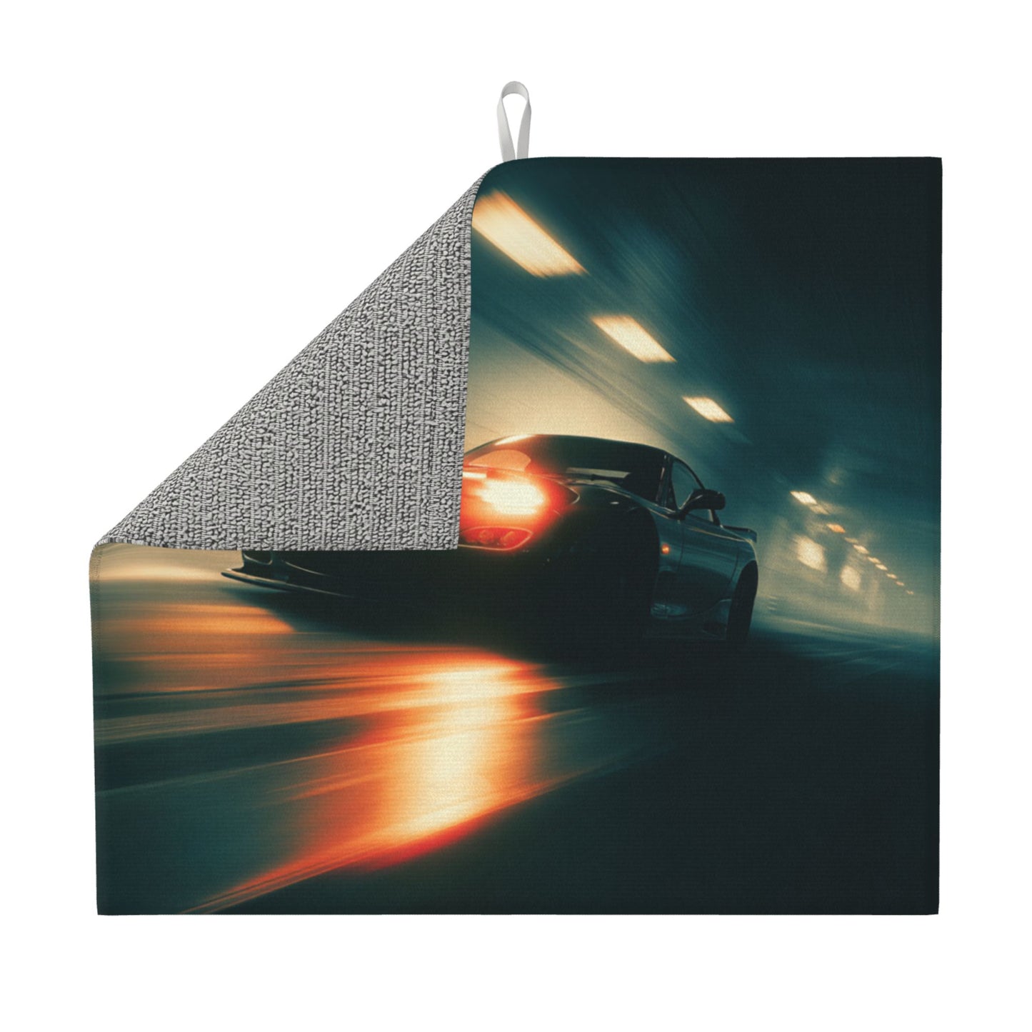 Night Racer Kitchen Drying Mat – 18x16in Absorbent Non-Slip Counter Mat with Tunnel Speed Car Design