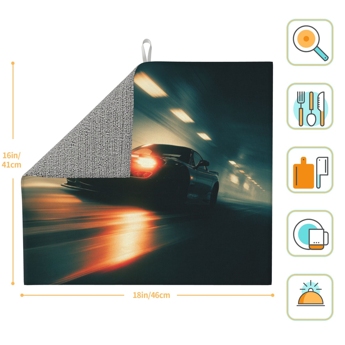 Night Racer Kitchen Drying Mat – 18x16in Absorbent Non-Slip Counter Mat with Tunnel Speed Car Design
