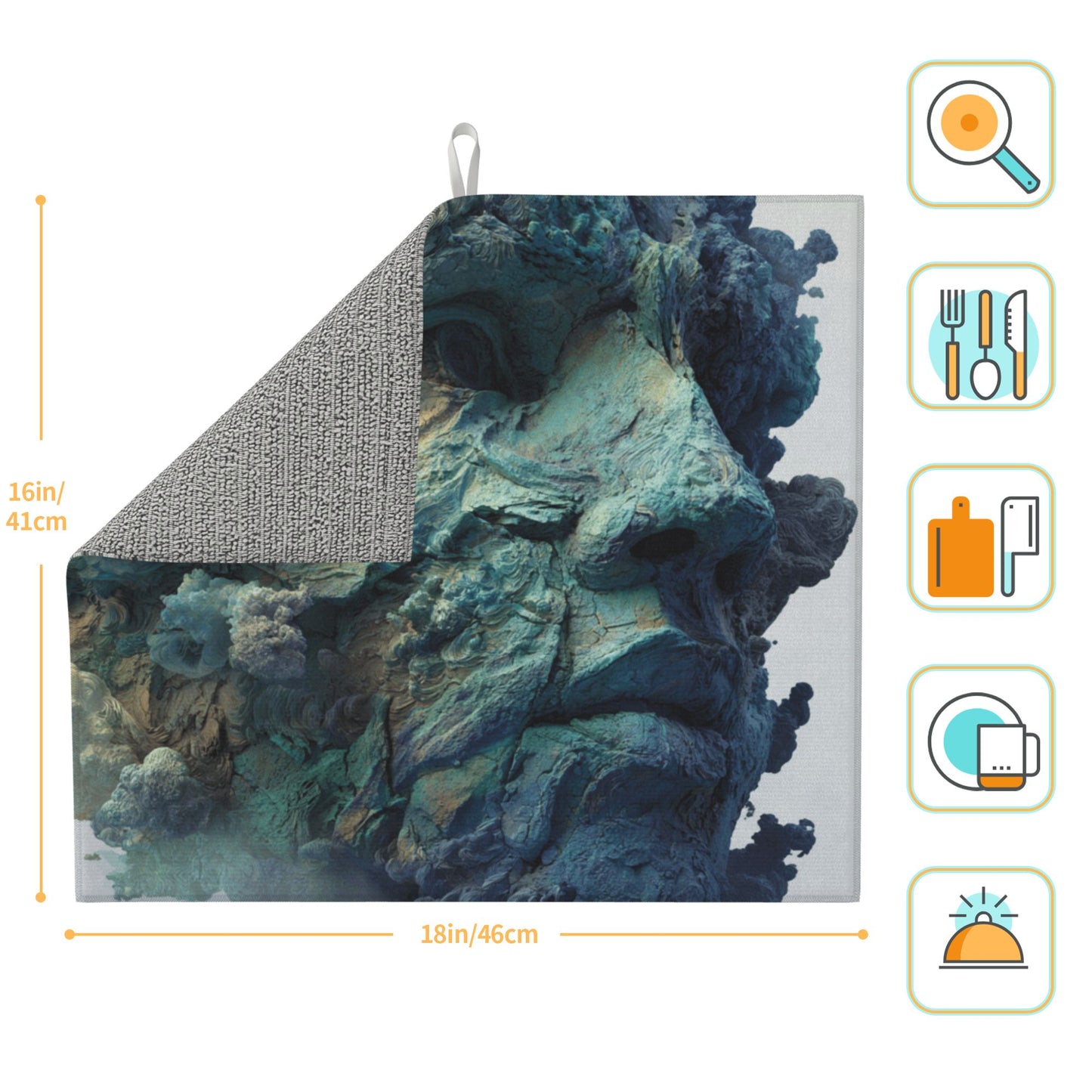 Sculpted Blue Rock Face Kitchen Drying Mat – 18x16in Absorbent & Non-Slip Counter Mat with Artistic Design