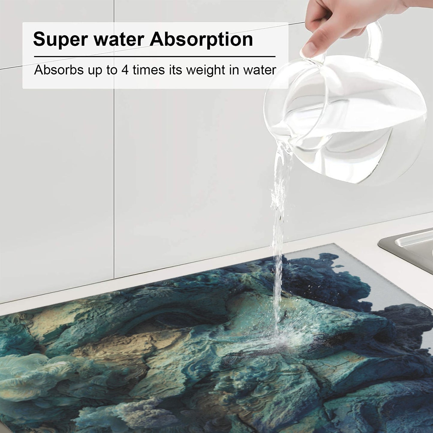 Sculpted Blue Rock Face Kitchen Drying Mat – 18x16in Absorbent & Non-Slip Counter Mat with Artistic Design